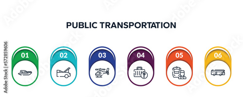 public transportation outline icons with infographic template. thin line icons such as yacht side view, hood open, helicopter side view, lost and found, train operator, checker vector.