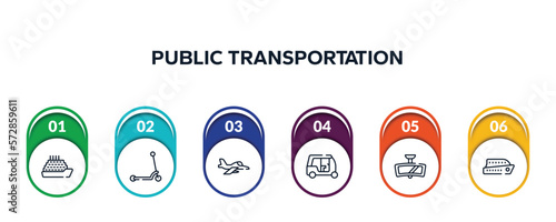 public transportation outline icons with infographic template. thin line icons such as ferry, kick, army airplane, null, rear-view mirror, ferry boat vector.