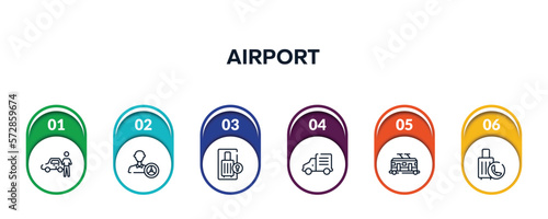 airport outline icons with infographic template. thin line icons such as authorized dealer, instructor, luggage locker, mini truck, trolley car, final call vector.