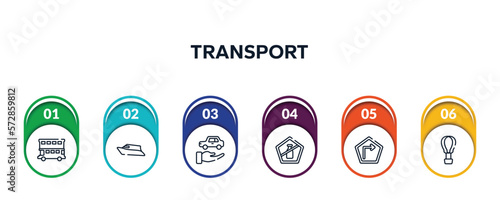 transport outline icons with infographic template. thin line icons such as double decker bus, speed boat, rental car, no liquid, right, hot air vector.