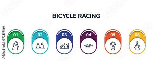 bicycle racing outline icons with infographic template. thin line icons such as handgrip, munition, basketball field, swiss bar, first place, bicycle fork vector.