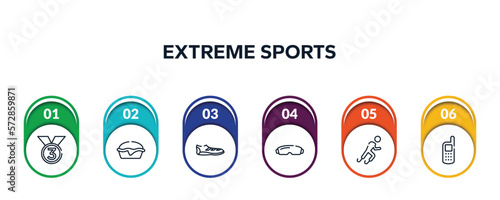extreme sports outline icons with infographic template. thin line icons such as third place, pies, soccer boots, goggle, paralympics, variometer vector.