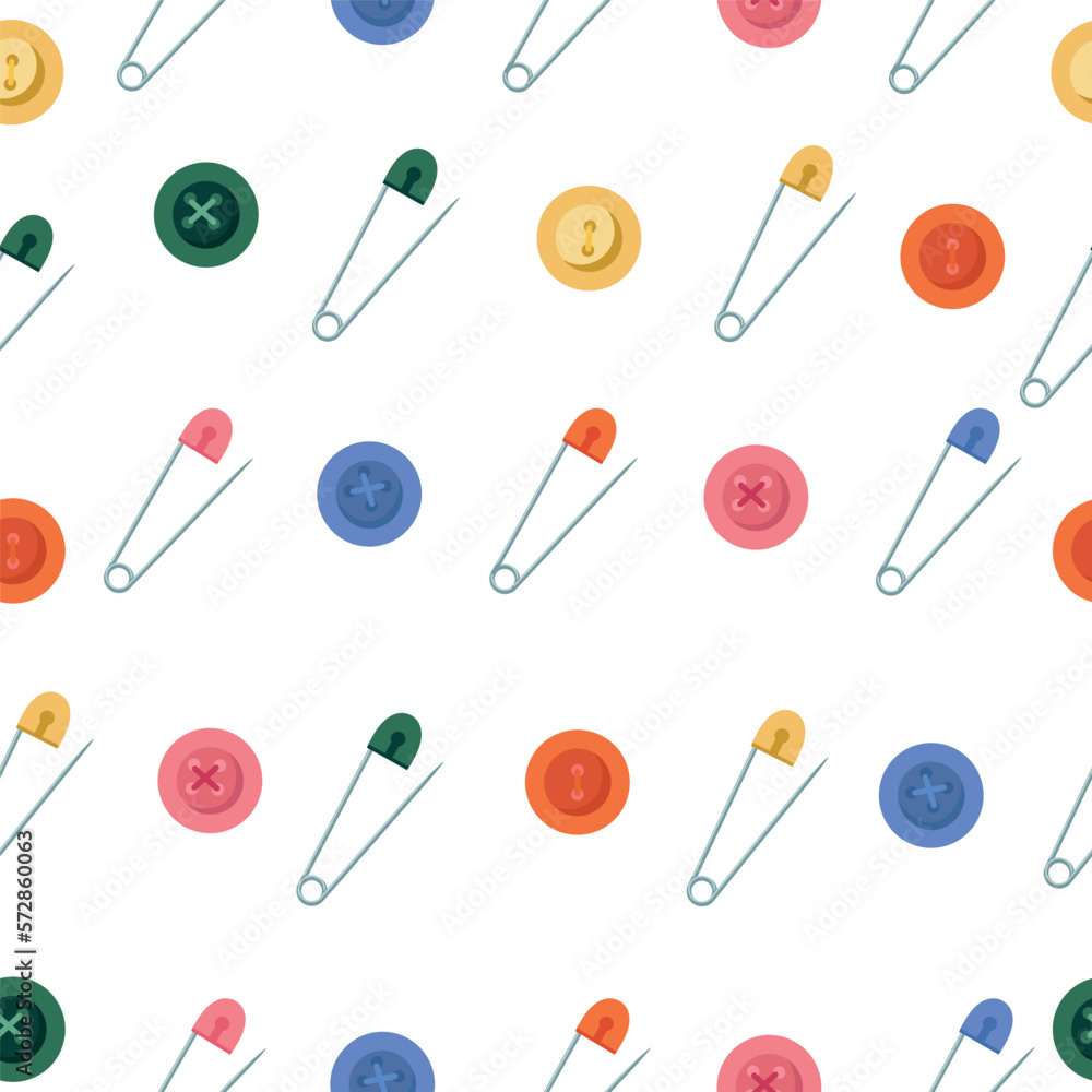 Seamless pattern of buttons and pins. Vector drawing isolated on a white background. Seamless pattern of buttons and pins. Vector drawing isolated on a white background.