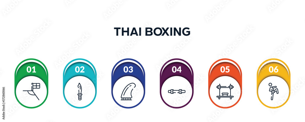 thai boxing outline icons with infographic template. thin line icons such as football flag, dive knife, fin, diving belt, bench press, ritual vector. thai boxing outline icons with infographic template. thin line icons such as football flag, dive knife, fin, diving belt, bench press, ritual vector.