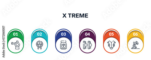 x treme outline icons with infographic template. thin line icons such as pitching hine, zorbing, whey protein, elbow pads, chest protection, kitesurfing vector.