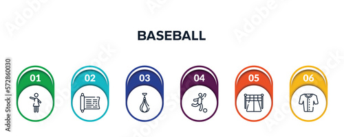 baseball outline icons with infographic template. thin line icons such as hostess, sacred scriptures, speed bag, soccer game, starting point, baseball jersey vector.