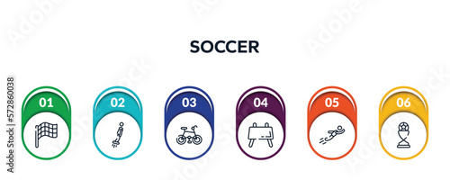 soccer outline icons with infographic template. thin line icons such as race flag, flyboard, mountain bike, buck, free flying, football trophy vector.