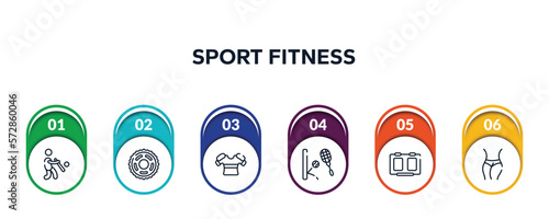 sport fitness outline icons with infographic template. thin line icons such as batter, sprocket, armour, squash, score board, slim body vector.