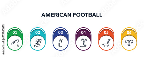 american football outline icons with infographic template. thin line icons such as fishing line, wakeboarding, sport bottle, grappling hook, treadmill hine, protections vector.