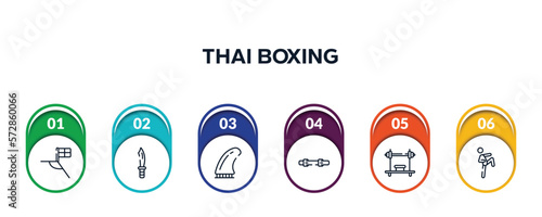 thai boxing outline icons with infographic template. thin line icons such as football flag, dive knife, fin, diving belt, bench press, ritual vector.