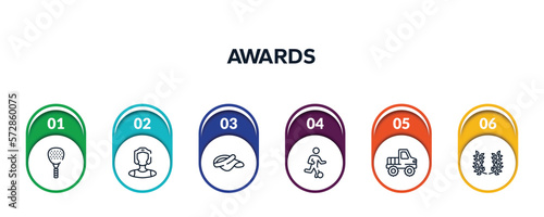 awards outline icons with infographic template. thin line icons such as padel, kickboxer, visor, football players, off road, laurel wreath vector.