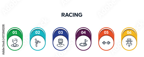 racing outline icons with infographic template. thin line icons such as karateka, kicking, rugby player, birdie, barbell, paddock vector.