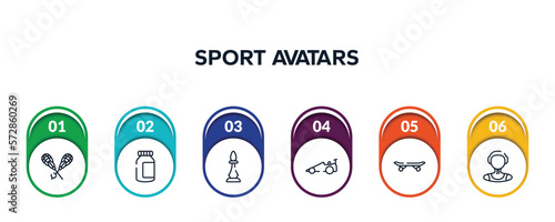 sport avatars outline icons with infographic template. thin line icons such as lacrosse, energy bar, chesspiece, drag racing, longboard, waterpolo player vector.