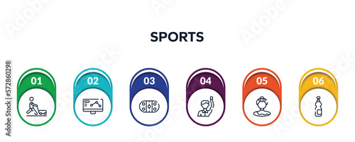 sports outline icons with infographic template. thin line icons such as farming and gardening, telemetry, arena, committee, gymnast, isotonic vector.