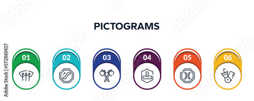 pictograms outline icons with infographic template. thin line icons such as windshield defrost, or, native american axes, safety code, narrow bridge, lost items vector.