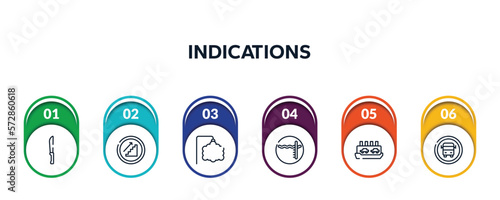 indications outline icons with infographic template. thin line icons such as strong knife, upstairs, ornamental, pool depth, ferry carrying cars, school bus stop vector.