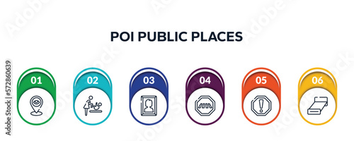 poi public places outline icons with infographic template. thin line icons such as tracking, babysitter and child, woman portrait, crossing road caution, caution, bed 3d view vector.