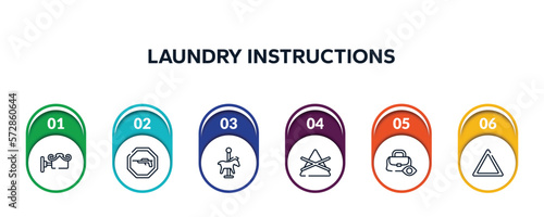 laundry instructions outline icons with infographic template. thin line icons such as decorative, hunting zone, carousel horse, do not bleach, null, any bleach vector.