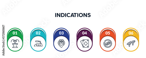 indications outline icons with infographic template. thin line icons such as fountain, iron high temperature, inmigration check point, diamond ace, no shouting allowed, flyover bridge vector.
