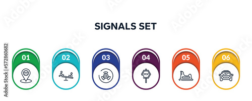 signals set outline icons with infographic template. thin line icons such as placeholder point, children on teeter totter, biohazard risk triangular, stop hexagonal, baby toilet, car frontal view
