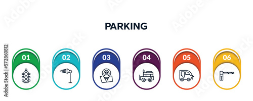 parking outline icons with infographic template. thin line icons such as semaphore light, wind flag, taxi stop, ney, autorickshaw, parking barrier vector.