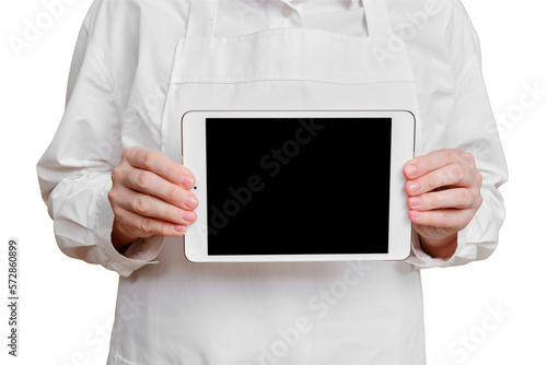 Man chef showing tablet screen on isolated white background, mockup copy space