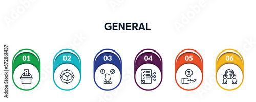 general outline icons with infographic template. thin line icons such as referendum, model preparation, social media specialist, smart contract, initial coin offering, outsourcing vector.