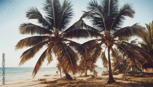 Serenity by the Seashore  Vintage Coconut Trees on the Beach Summer Photography Generative AI