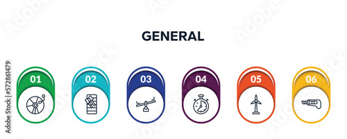 general outline icons with infographic template. thin line icons such as cd record, birthday present, balancer, analog stopwatch, renewable energy label, stationery knife vector.
