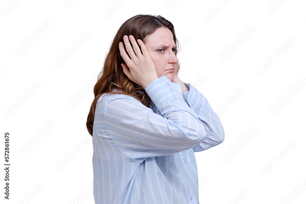 Portrait of an adult woman in a blue shirt, isolated on a white background Portrait of an adult woman in a blue shirt, isolated on a white background