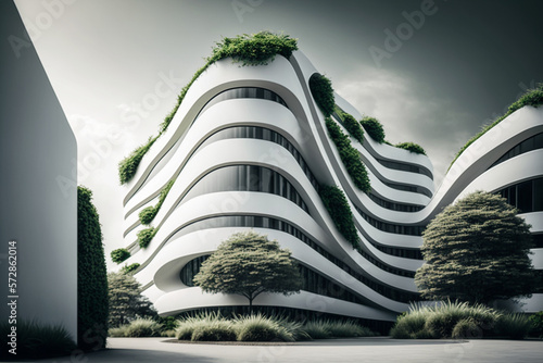 Stylish white modern building with smooth facade lines with green plants, building project of the city of the future, infrastructure development and green eco city streets business. Generative AI