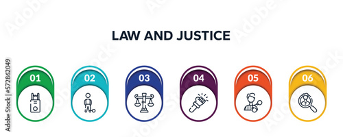 law and justice outline icons with infographic template. thin line icons such as electroshock weapon, convict, business law, violence, criminal, investigation vector.