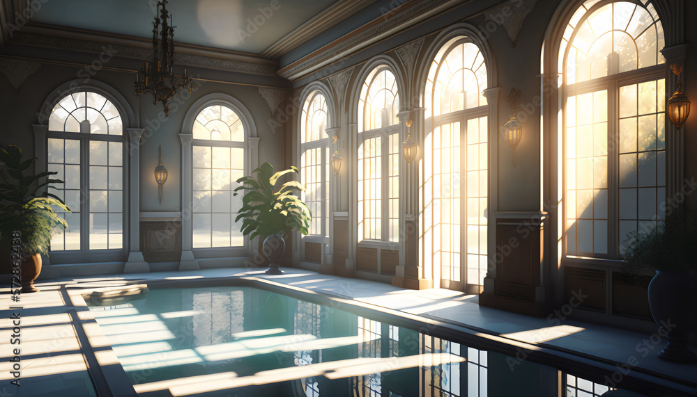 luxe indoor pool with sunlight through windows, created with generative ai