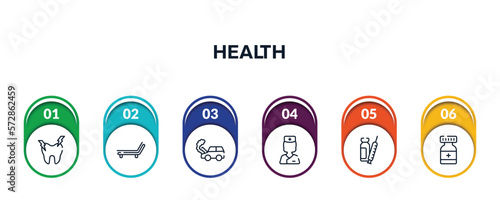 health outline icons with infographic template. thin line icons such as hypersensitive, deckchair, car crash, nurses, syringe with medication, medicine container vector.