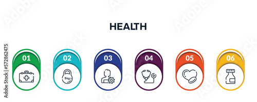 health outline icons with infographic template. thin line icons such as medicine kit with first aid, kettlebell, woman with flower, medical stethoscope variant, medicine for heart, medicine flask