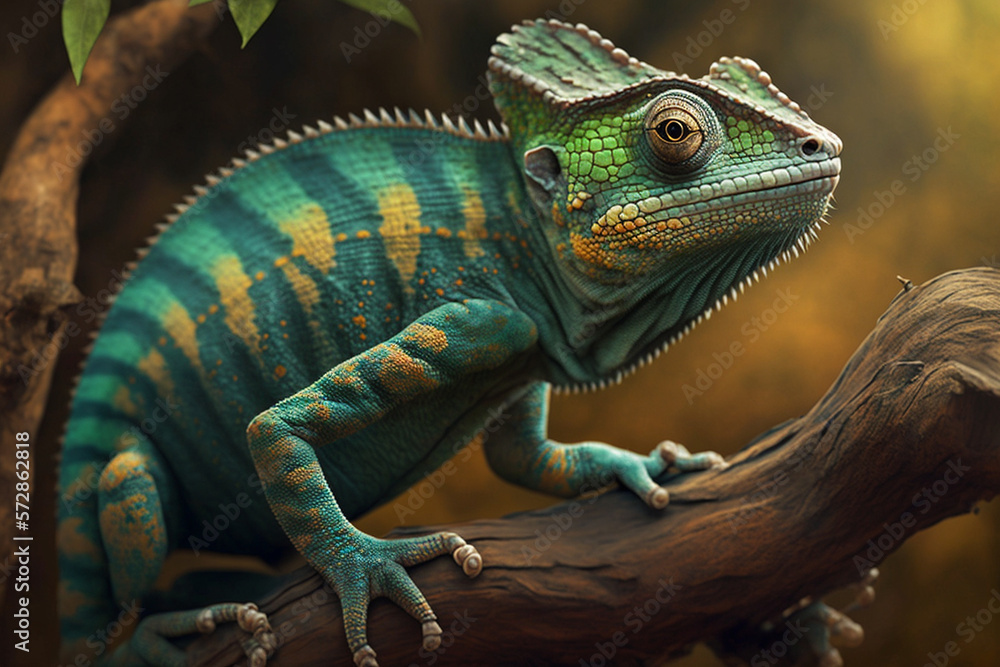 Fototapeta premium A realistic illustration of a close-up chameleon, symbolizing adaptability. AI generated.