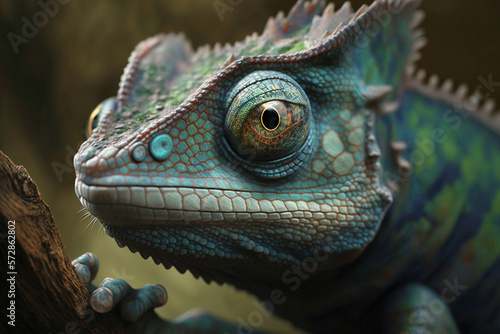 A realistic illustration of a close-up chameleon  symbolizing adaptability. AI generated.