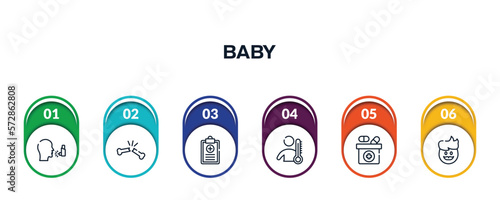 baby outline icons with infographic template. thin line icons such as asthma, broken bone, health report, fever, medicine box, dad vector.