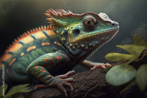 A realistic illustration of a close-up chameleon, symbolizing adaptability. AI generated.