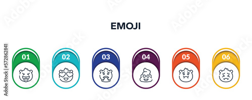 emoji outline icons with infographic template. thin line icons such as tongue emoji, in love emoji, puking poo nauseated pensive vector.