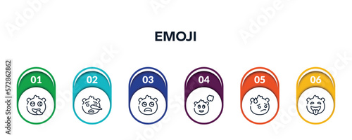 emoji outline icons with infographic template. thin line icons such as stupid emoji, liar emoji, slightly frowning imagine embarrassed tongue out vector.