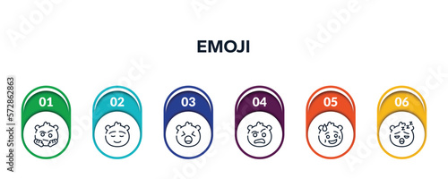 emoji outline icons with infographic template. thin line icons such as suspect emoji, calm emoji, yelling sceptic shy sleeping vector.