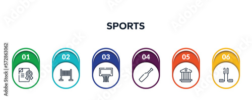 sports outline icons with infographic template. thin line icons such as grade, finish line, basketball equipment, baseball bat, pillars, golf equipment vector.