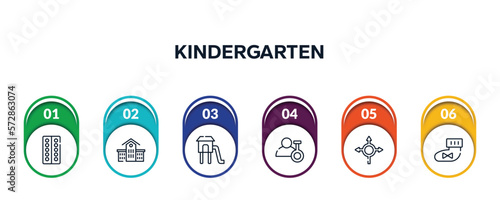 kindergarten outline icons with infographic template. thin line icons such as blister, kindergarten, children park, biochemist, roundabout, booties vector.