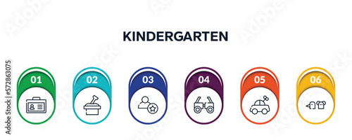 kindergarten outline icons with infographic template. thin line icons such as student card, sandbox, novice, testing glasses, toy car, hand puppet vector.