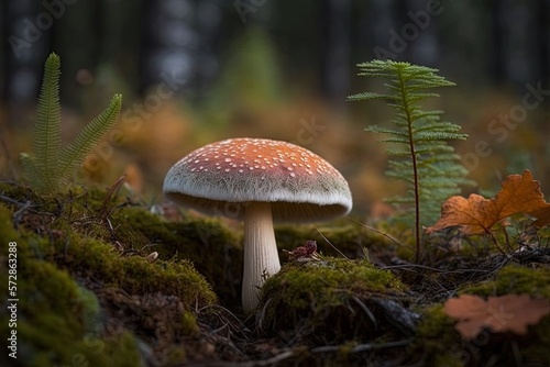 Focused on the background, this shot of a russula paludosa mushroom in the woods is shallow. Generative AI