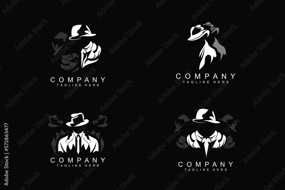 Obraz premium Detective Man Logo Design, Mafia Detective Fashion Tuxedo And Hat Illustration Vector, BlackMan Businesman Icon