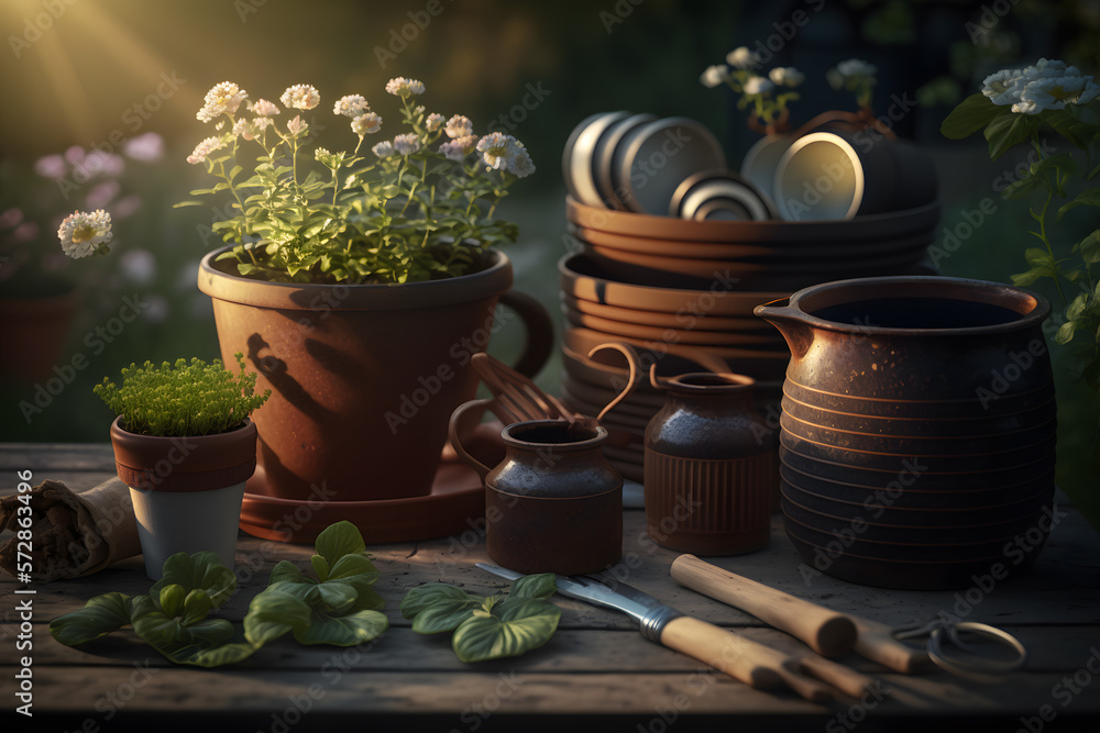 photo Gardening - Set Of Tools For Gardener And Flowerpots In Sunny Garden, photography made with Generative AI