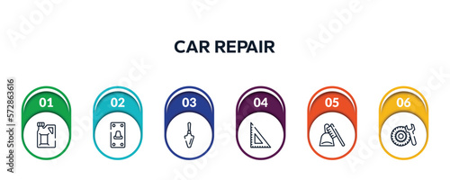 car repair outline icons with infographic template. thin line icons such as gasoline, switch on, garden palette, null, dustpan and brush, tyre vector.