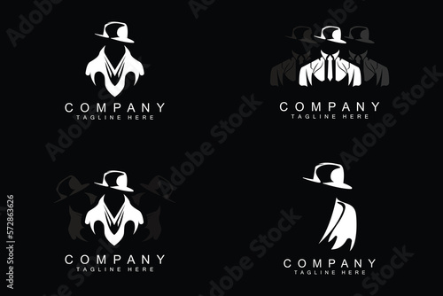 Detective Man Logo Design, Mafia Detective Fashion Tuxedo And Hat Illustration Vector, BlackMan Businesman Icon